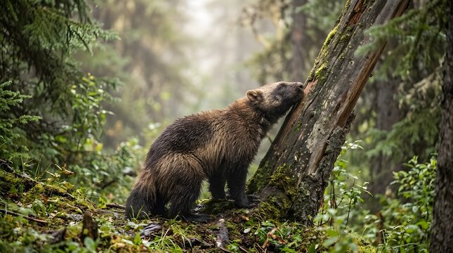 A wolverine standing in a dense, mossy coniferous forest rubbing against a tree