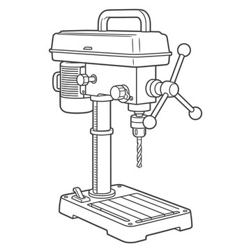Outline illustration of a bench drill press machine isolated on white background, black and white industrial equipment vector for coloring book