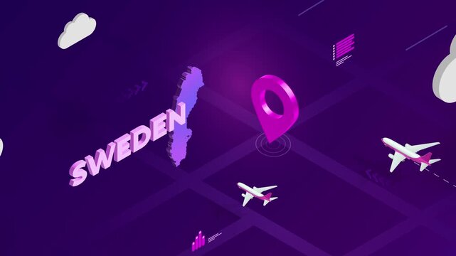 Isometric Design, Sweden Map Silhouette Location Pin and Airplanes on Purple Animation, Travel Background