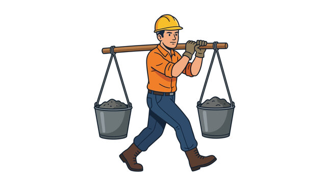 Construction Worker Carrying Buckets Vector Illustration