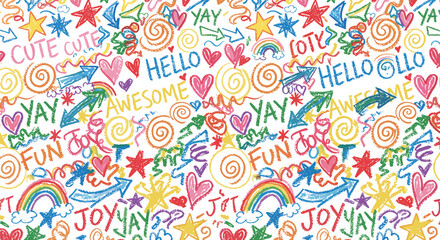 Naklejka premium Colorful Cute Doodle Pattern With Hearts Stars Rainbows Words Cute Hello Yay Fun Joy And Swirls On White