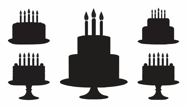 Birthday Cake Silhouette Collection Set with Candles Vector Icons