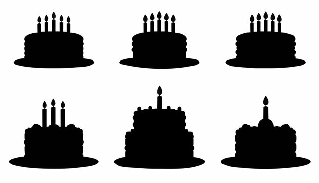 Birthday Cake Silhouette Collection Set with Candles Vector Icons