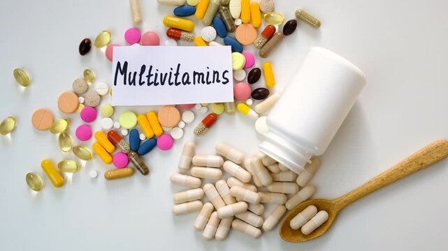 Various tablets and capsules, supplements and vitamins. Selective focus.