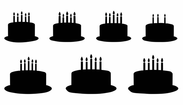 Birthday Cake Silhouette Collection Set with Candles Vector Icons