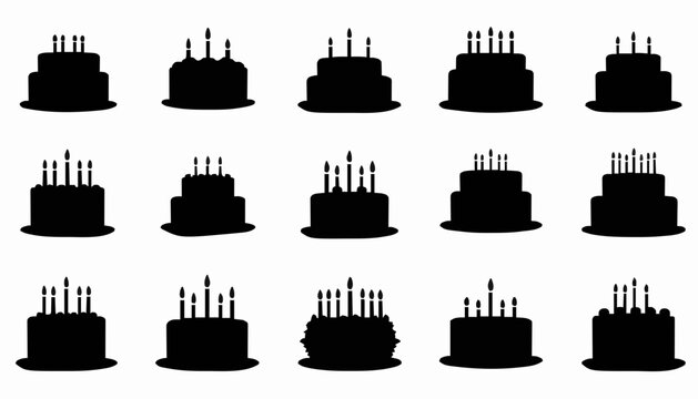 Birthday Cake Silhouette Collection Set with Candles Vector Icons