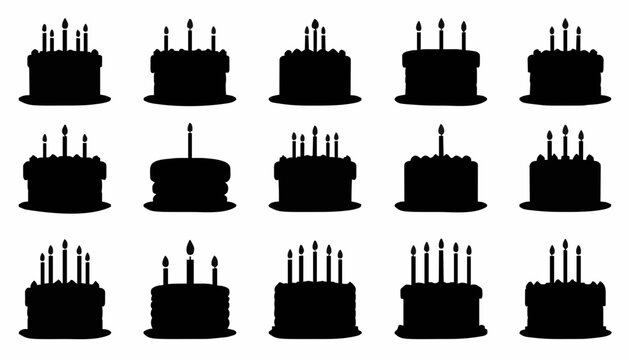 Birthday Cake Silhouette Collection Set with Candles Vector Icons