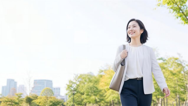 昼休みに公園を歩く女性会社員