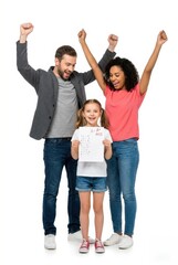 Obraz premium Happy family celebrating child's success holding paper isolated on white