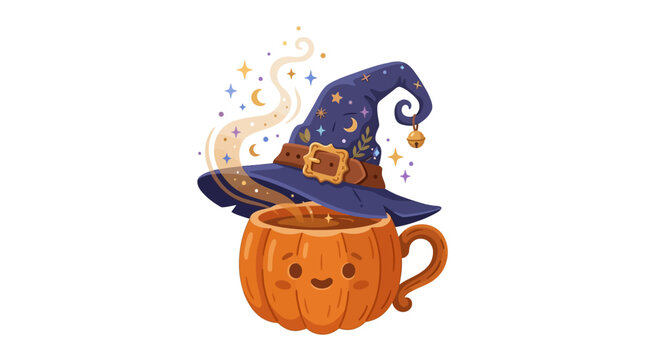 Cute Pumpkin Mug with Witch Hat Magic Potion Illustration