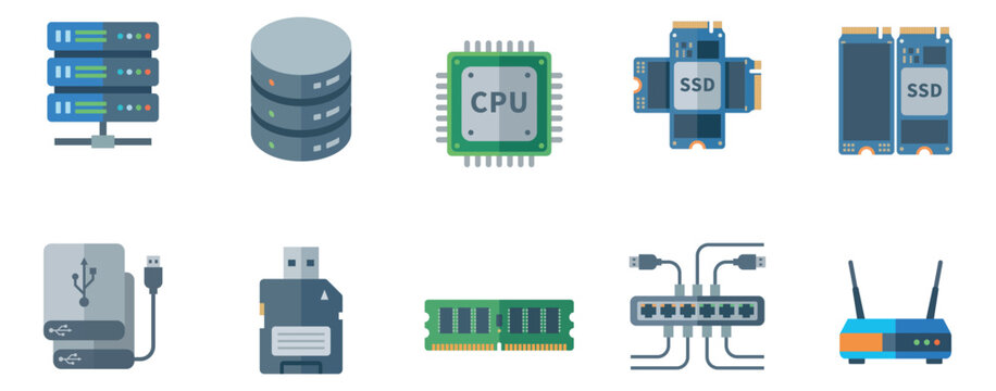 Internal hardware and data storage flat icon set