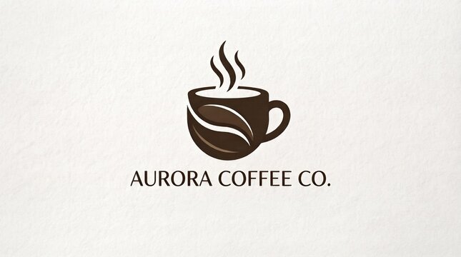 Minimalist logo design for "AURORA COFFEE CO." featuring a brown coffee cup shaped like a coffee bean with rising steam.