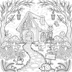Fototapeta premium Enchanted forest cottage with a fox, hedgehog, owl, and mushrooms in a magical woodland garden