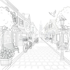 Naklejka premium Charming european cobblestone street with a bicycle, flower pots, benches, and birds in a town