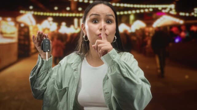 Woman holds car key and points finger on street at night market under string lights, also makes shushing gesture; confident warning.