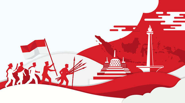 Indonesian Independence Day Banner Background Design with Flag, Heroes, Monas, and Borobudur Temple Vector Illustration