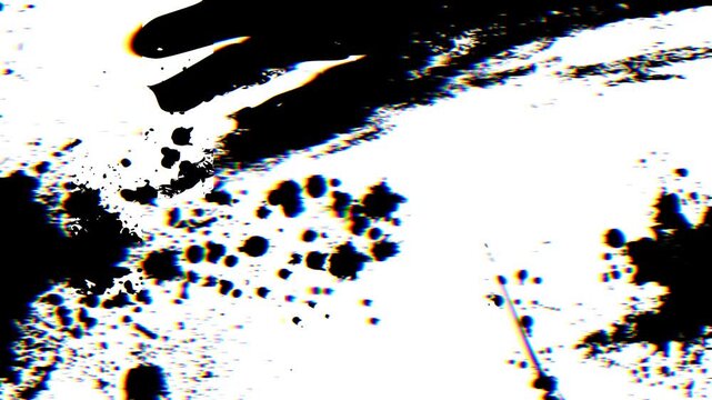 Abstract black and white grunge ink splatter motion background loop, distorted glitch texture backdrop with chromatic aberration for video overlay.