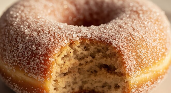 Close up macro shot of a delicious sugary donut with a bite taken out