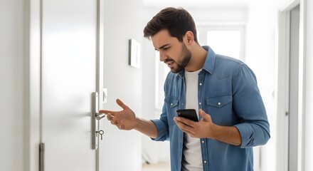 Fototapeta premium Young man using a smartphone and looking at the door lock, possibly having trouble with smart home technology.