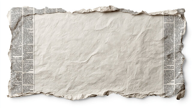 A horizontal aged newspaper sheet with a torn center showing a blank, crumpled white paper background.