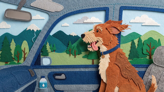 Handcrafted cut felt illustration of a happy brown dog sitting in the passenger seat of a car, looking out the window at a mountainous landscape with pine trees.