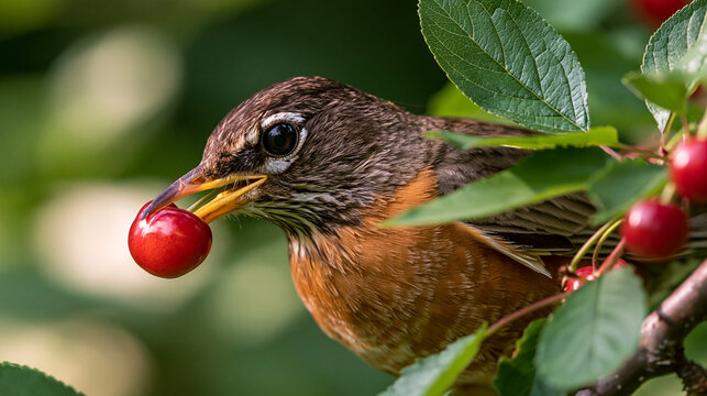American robin bird eating a fresh red cherry from a branch surrounded by green leaves.
