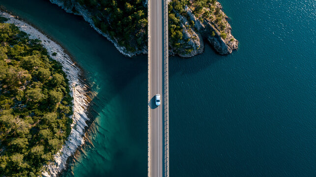 Aerial top-down view of a silver car driving on a long bridge over a deep blue sea next to a forested island.