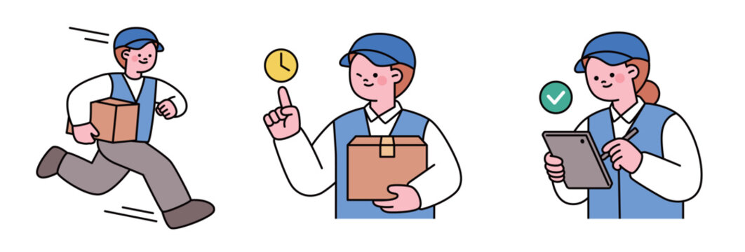 Professional delivery workers providing fast parcel service, on-time shipping and digital confirmation. Flat vector logistics illustration.