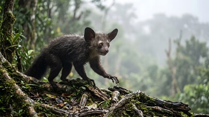 Fototapeta premium Ayeaye with large ears and eyes on a mossy log in a misty forest