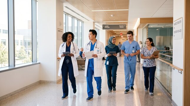 Diverse medical team walking down hospital corridor, doctors and nurses collaborating, healthcare professionals in scrubs and white coats, modern clinic hallway with natural lig...