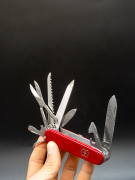 Zapopan Jalisco, Mexico - August 15, 2025: Close-up of Victorinox Ranger folding knife Ref. 1.3763
