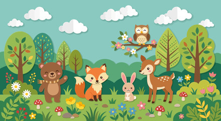 Fototapeta premium Cute forest animals: bear, fox, rabbit, deer, owl in sunny meadow.