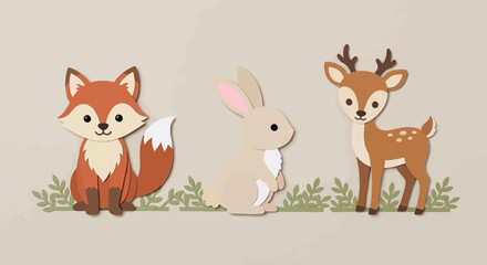 Fototapeta premium Cute forest animals, fox, rabbit, deer, paper cut style, vector illustration