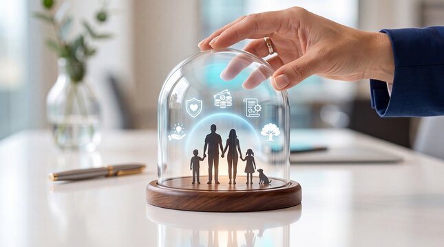 Hand protecting family silhouettes under glass dome with insurance safety icons with figures surrounded digital