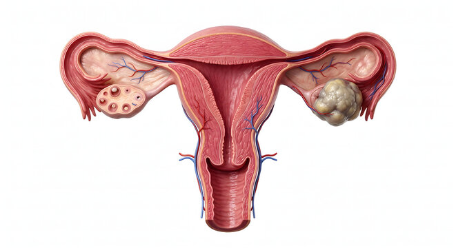 Highly Detailed 3D Render of Female Reproductive System Showing Uterus Anatomy and Ovarian Tumor