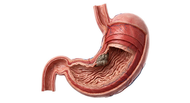 Detailed 3D Render of Human Stomach Cross-Section Anatomy with Gastric Tumor Isolated on White Background
