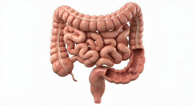 Highly Detailed 3D Render of Human Colon and Rectum Anatomy Showing a Clear Colorectal Polyp