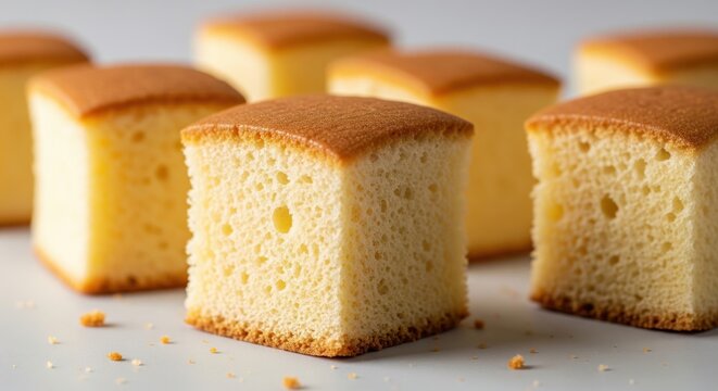 Close up view of fresh fluffy sponge cake cubes on a white table