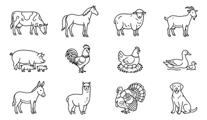 Fototapeta premium Minimalist farm animal icons, set of 12 line art livestock illustrations, black and white agricultural vector graphics for organic farming branding