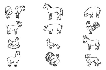 Fototapeta premium Minimalist farm animal line icons, set of 12 black and white livestock vector illustrations, simple outline farmyard creatures for coloring or logos