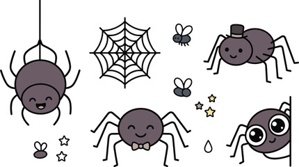 Fototapeta premium Cute Cartoon Spiders Vector Illustration Element Set with Web Flies Bowtie Top Hat and Stars