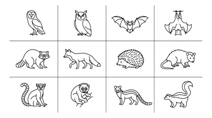 Minimalist nocturnal animal icons, 12 forest wildlife line art vectors, black and white woodland creature illustrations for nature branding © Farah-Studio