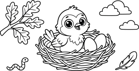 Cute Cartoon Baby Bird in Nest Coloring Page Vector Illustration with Eggs Leaves Worm and Clouds