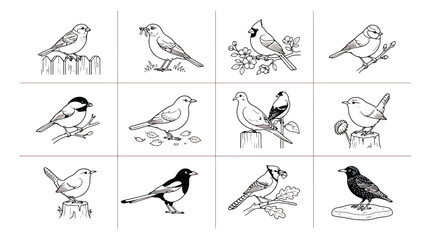 Vintage bird illustrations set, 12 hand drawn songbird vector icons, black and white garden birds sketches for nature branding and coloring © Farah-Studio
