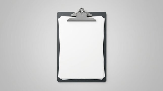 Blank white paper sheets attached to a professional dark grey plastic clipboard on grey background