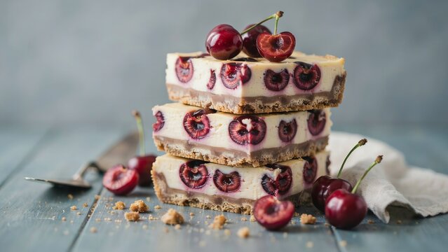 Stacked cherry cheesecake bars with fresh red cherries on blue wooden surface gourmet bakery dessert photo