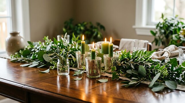 Elegant Dining Table Centerpiece with Burning Green Candles and Lush Eucalyptus Foliage Decoration