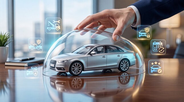 Businessman protecting silver car model under transparent glass dome representing comprehensive vehicle insurance