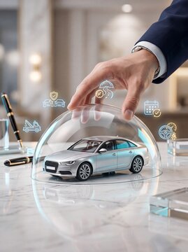 Businessman hand protecting silver car model with digital icons with insurance repair maintenance over miniature silver