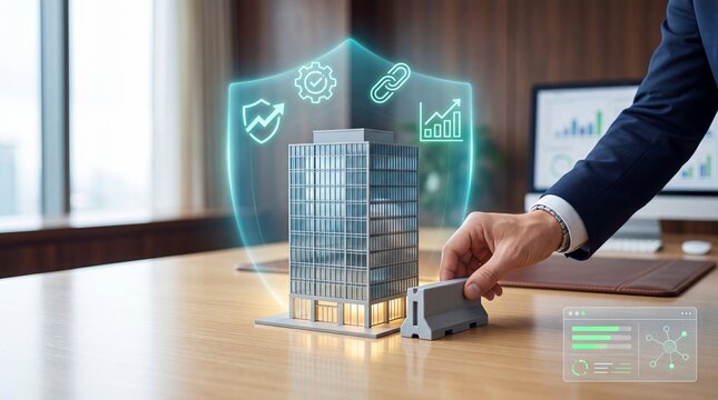 Business professional protecting corporate real estate asset with digital security infrastructure shield technology